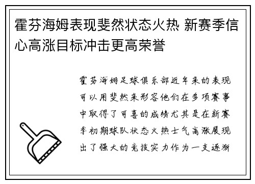 霍芬海姆表现斐然状态火热 新赛季信心高涨目标冲击更高荣誉